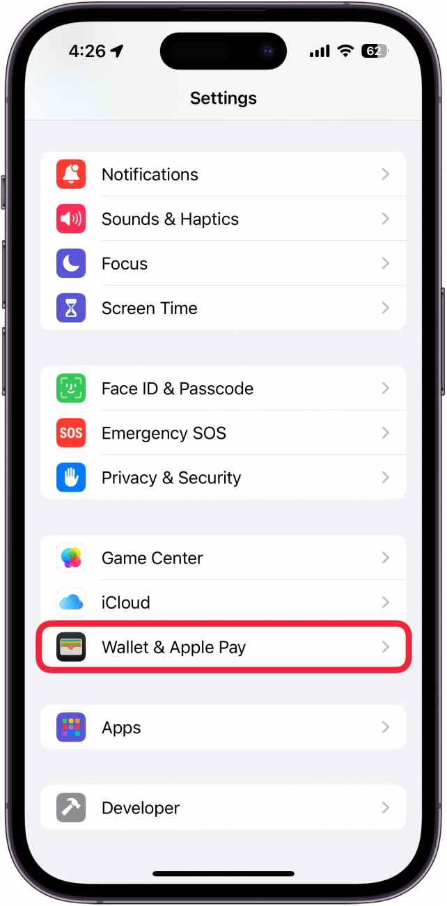 a screenshot of the iphone settings app with a red box around wallet & apple pay