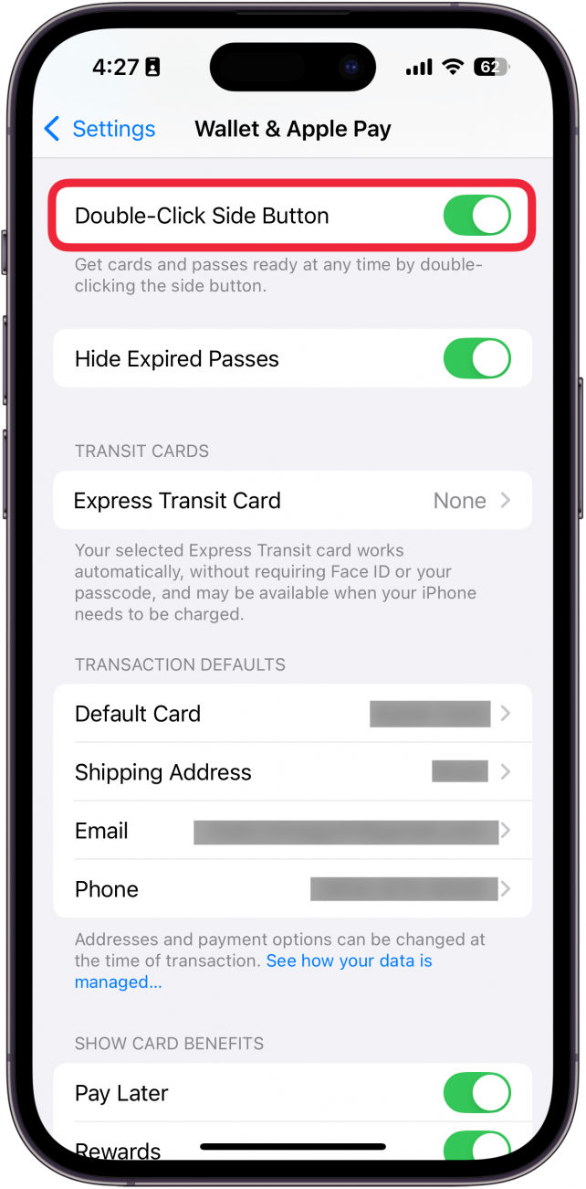 a screenshot of iphone wallet settings with a red box around double-click side button toggle