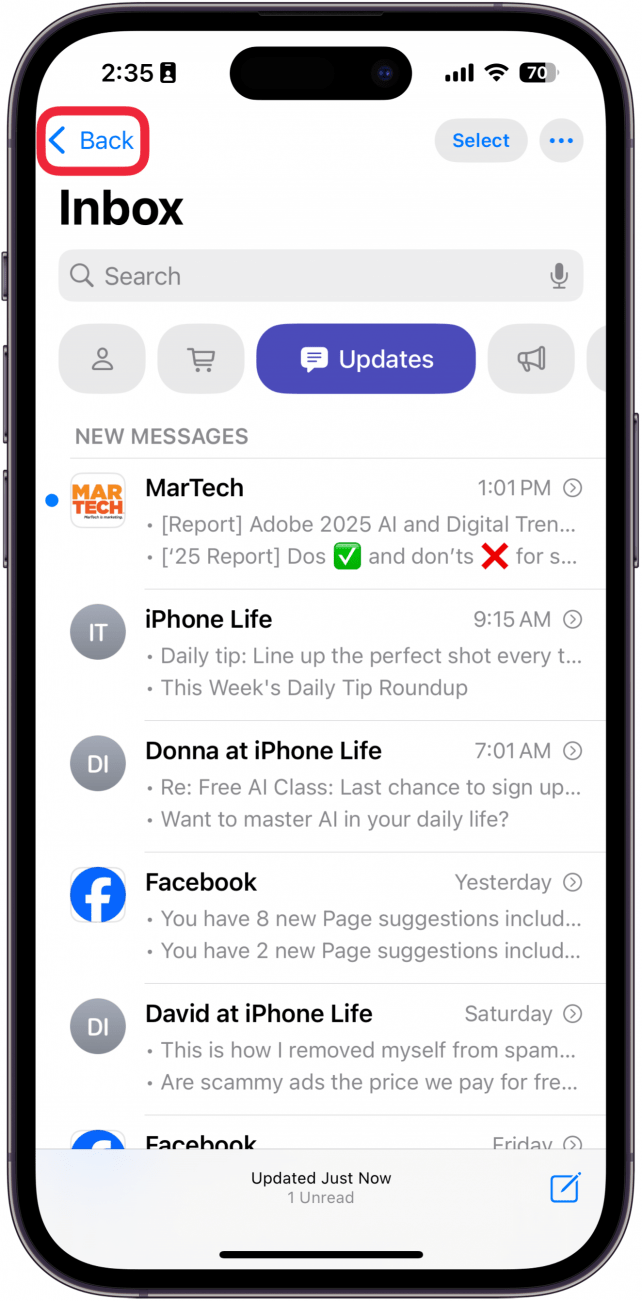 a screenshot of the iphone mail app with a red box around the back button