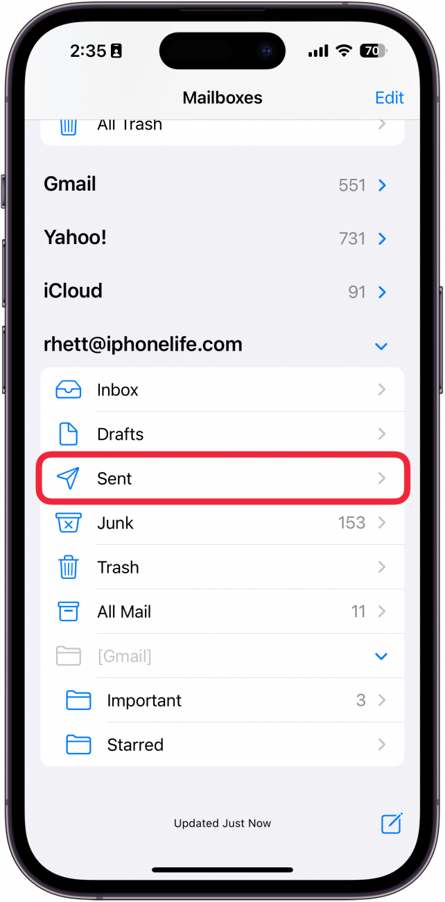 a screenshot of the iphone mail app with a red box around the sent folder