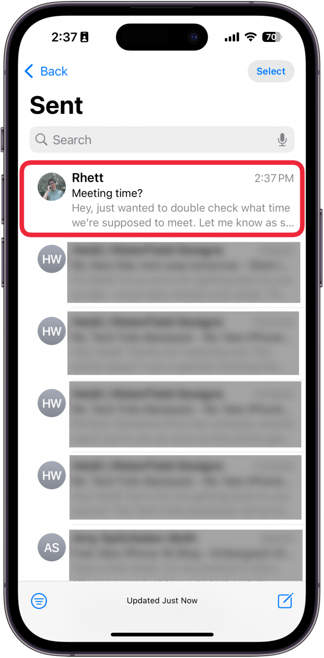 a screen of the iphone mail app sent folder with a red box around a sent email