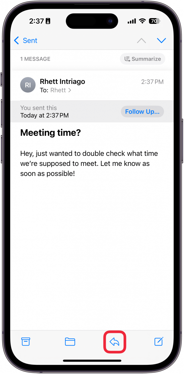 a screenshot of the iphone mail app displaying an email with a red box around the reply button