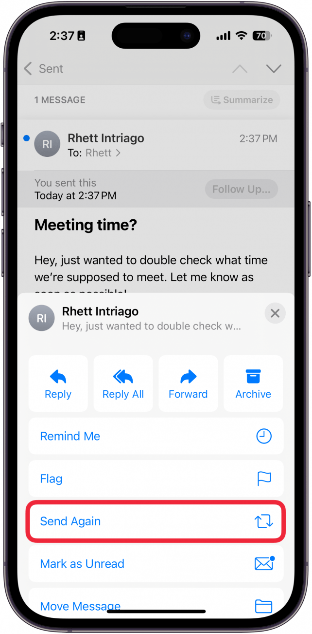 a screenshot of the iphone mail app displaying email options with a red box around the send again button