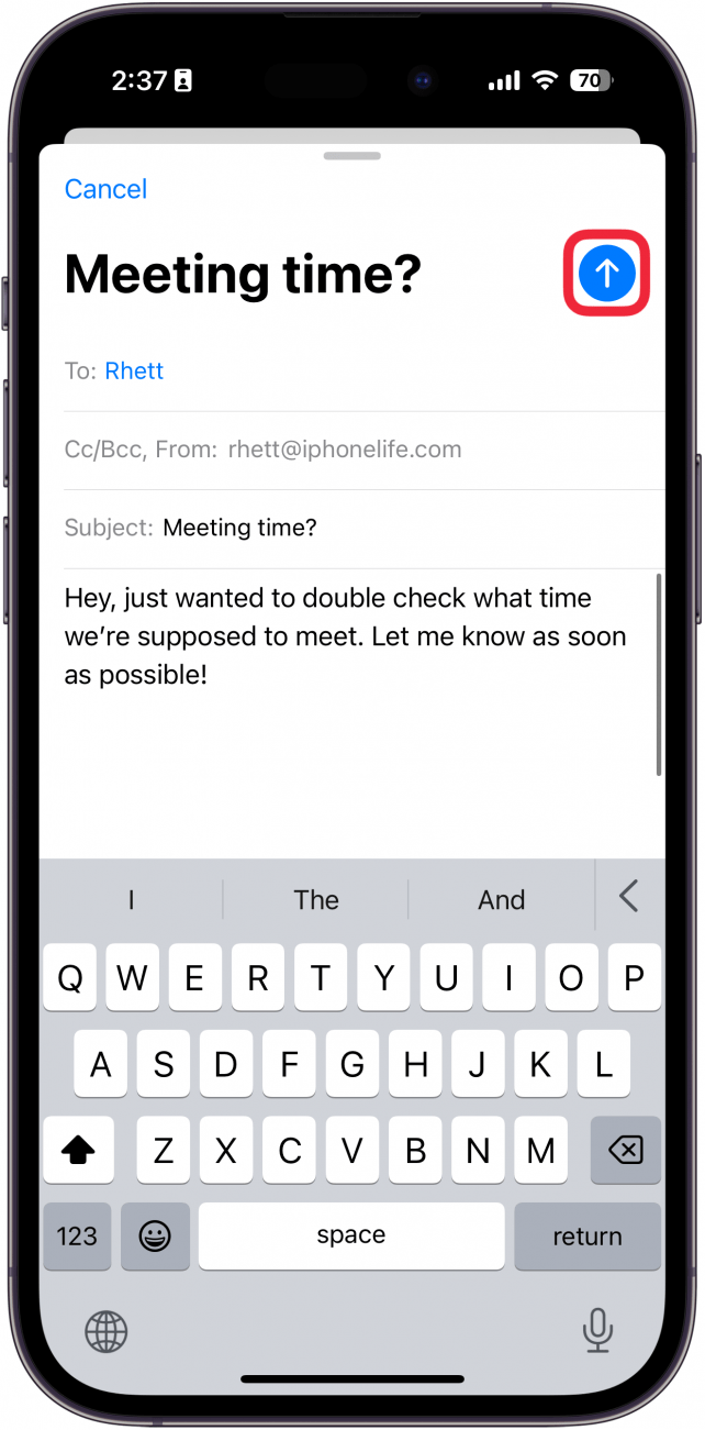 a screenshot of the iphone mail app displaying a new email screen with a red box around the send button