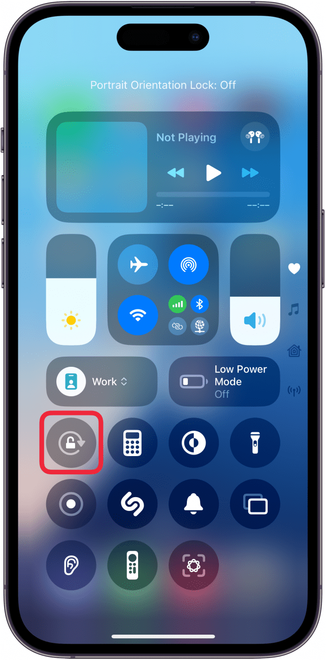 a screenshot of the iphone conrtol center with a red box around the grayed out rotation lock icon with looks like a circular arrow with a padlock in the center