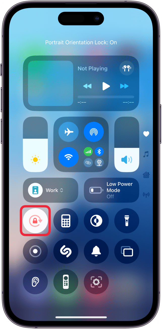 a screenshot of the iphone conrtol center with a red box around the white and red rotation lock icon with looks like a circular arrow with a padlock in the center