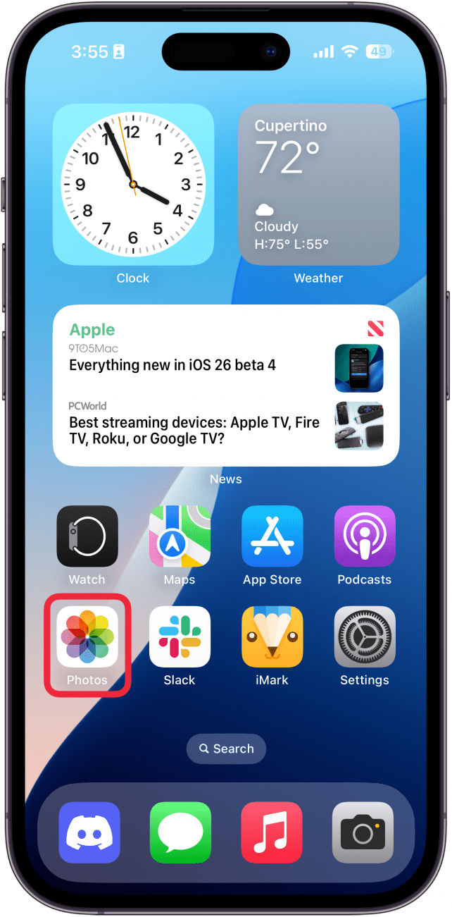 iphone home screen with a red box around the photos app