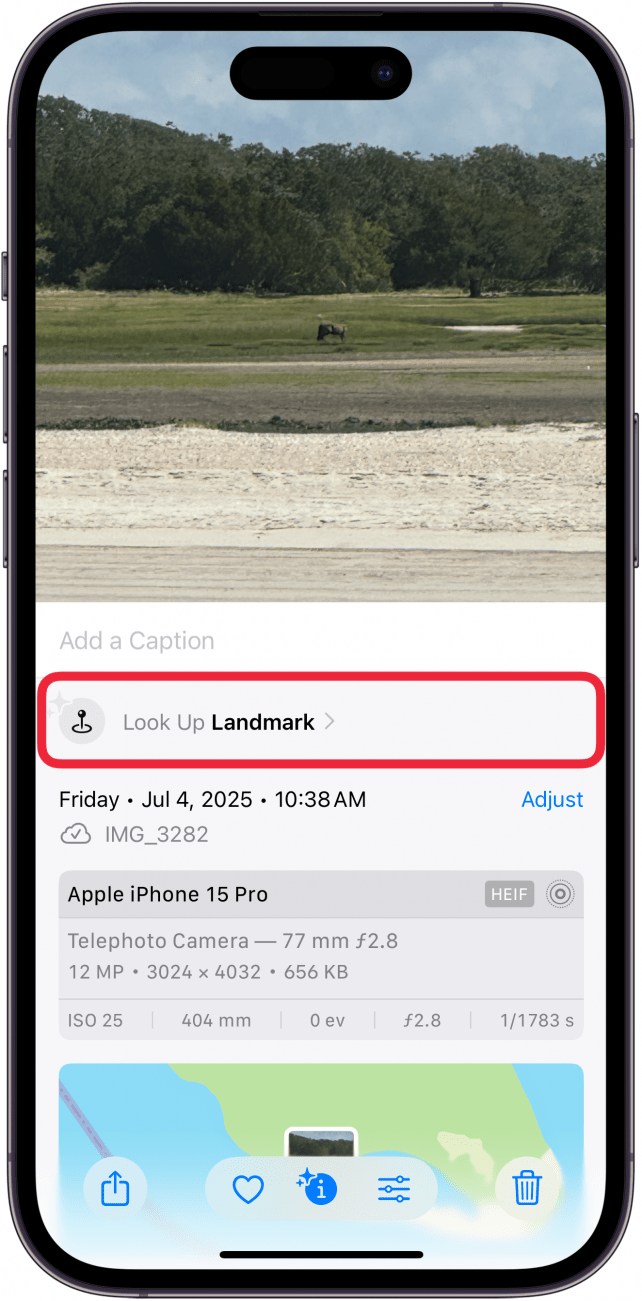 a screenshot of the iphone photos app displaying the more info menu with a red box around the landmark button