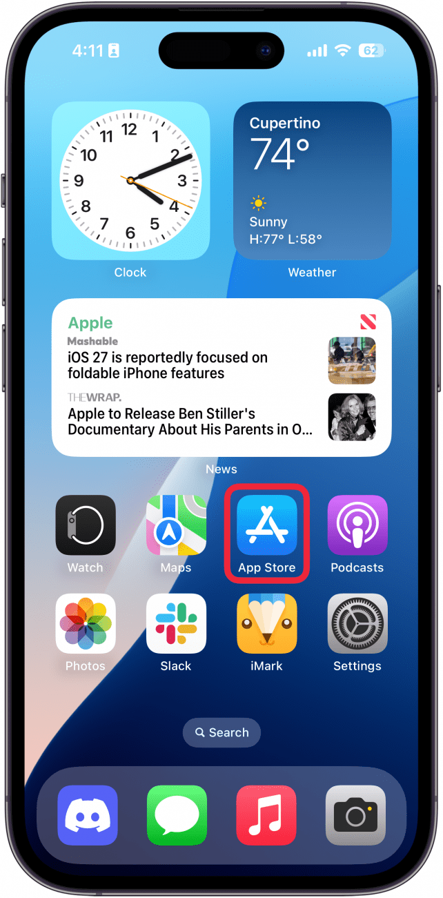 a screenshot of the iphone home screen with a red box around the app store app icon