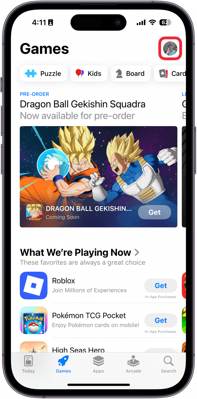 a screenshot of the app store on iphone with a red box around the profile picture in the upper right corner