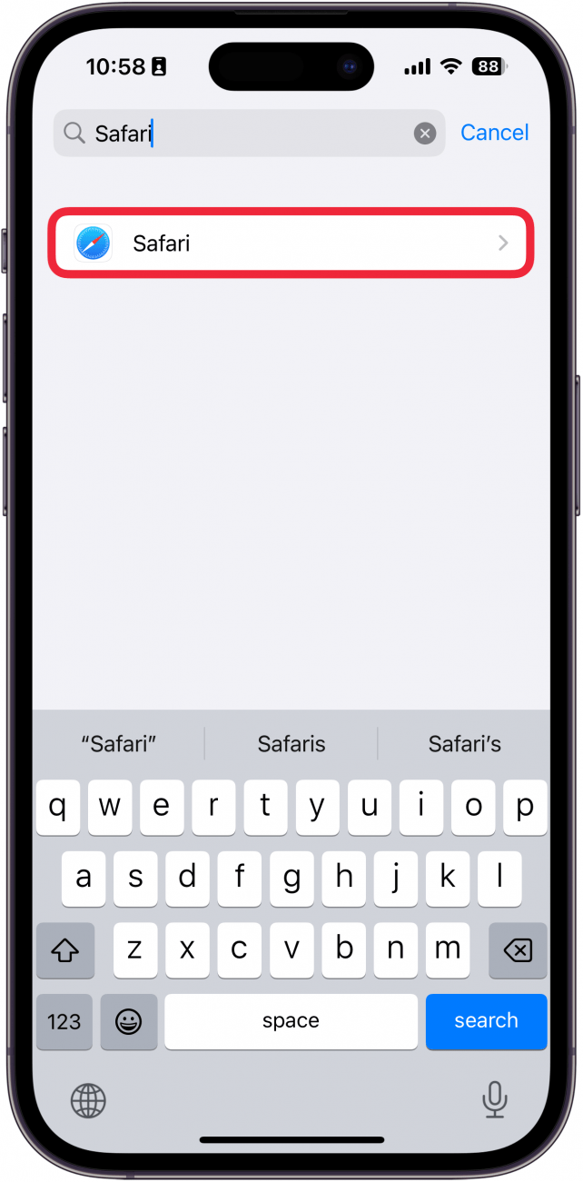 iphone settings app list with safari circled in red