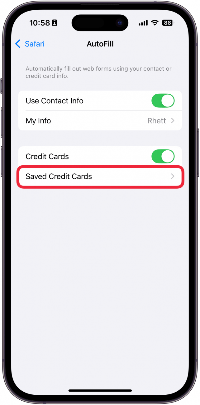 iphone safari autofill settings with saved credit cards circled in red
