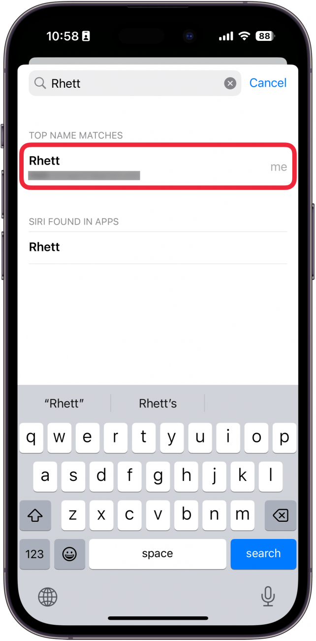 safari autofill contact search with a specific contact circled in red