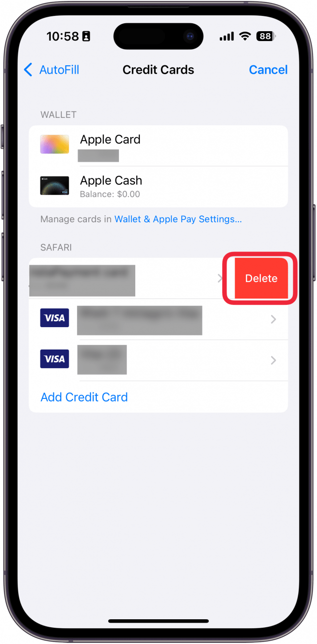 iphone safari autfill credit card settings with delete button circled in red