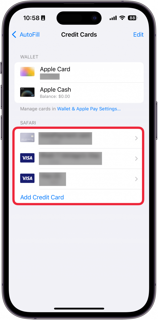 iphone safari autfill credit card settings with a list of cards circled in red
