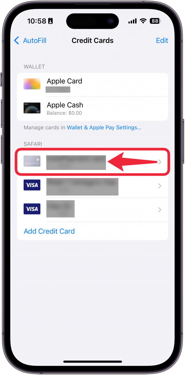 iphone safari autfill credit card settings with red arrow pointing to the left on top of one card, indicating to swipe left on the card