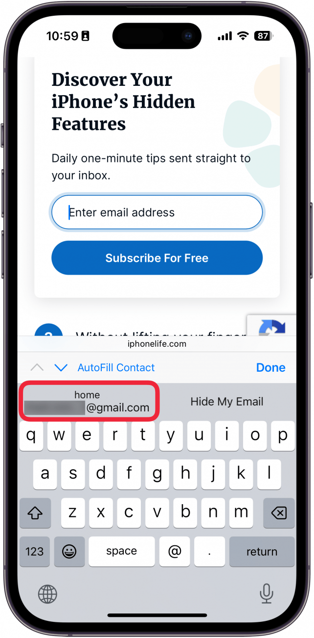 a screenshot of a web page in safari with an email address form and the autofill email address circled in red