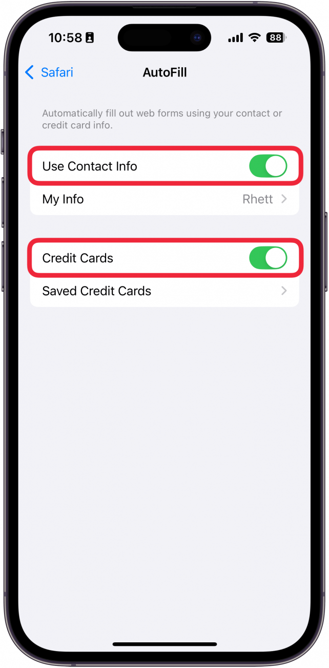 iphone safari autofill settings with use contact info toggle and credit cards toggle circled in red