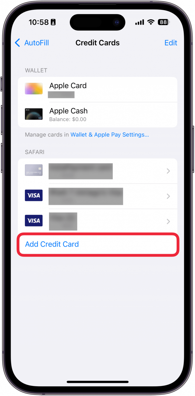 iphone safari autfill credit card settings with add new credit card circled in red
