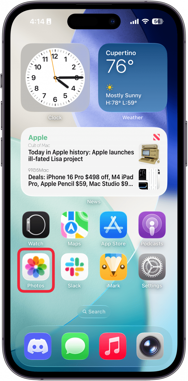 a screenshot of the iphone home screen with a red box around the photos app