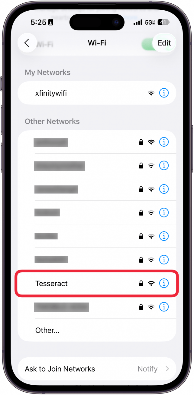 a screenshot of the iphone wi-fi settings a red box around a wi-fi network