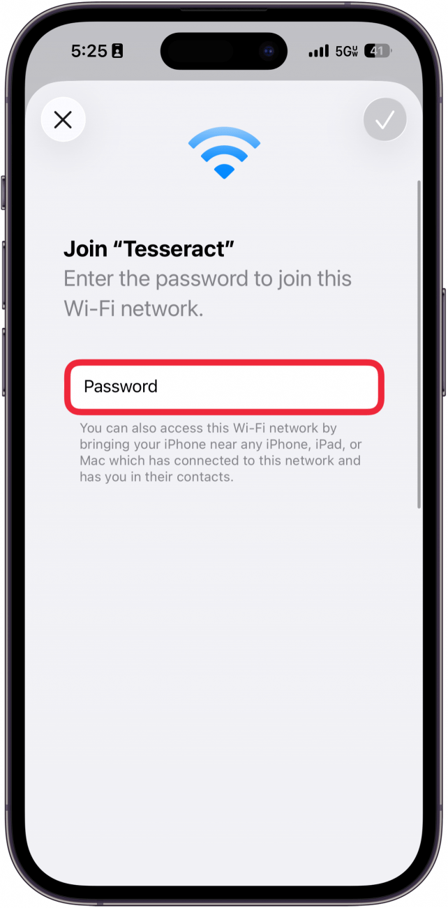 a screenshot of the iphone wi-fi settings displaying a prompt for the user to enter the wi-fi password