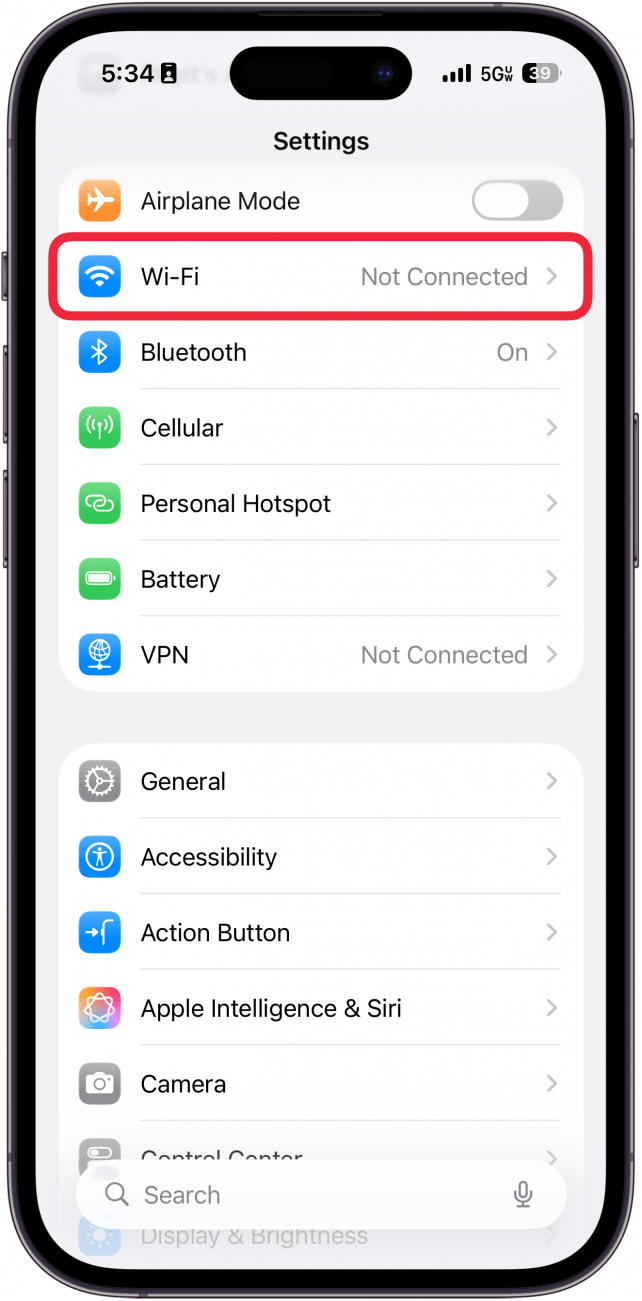 a screenshot of the iphone settings app with a red box around wi-fi