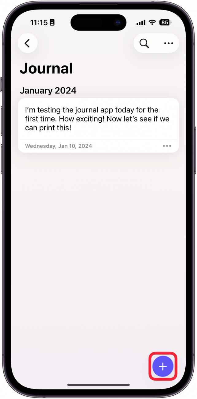 a screenshot of the iphone journal app with a red box around the plus icon