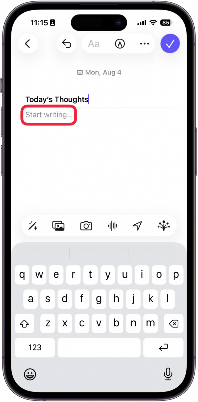 a screenshot of a new entry in the journal app with a red box around start writing