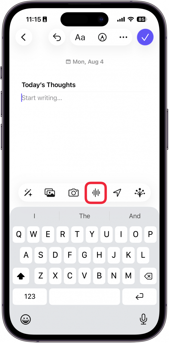 a screenshot of a new entry in the journal app with a red box around the voice memo button