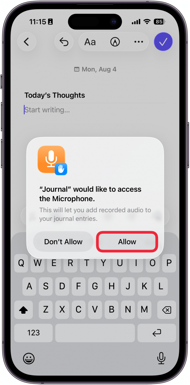 a screenshot of a new entry in the journal app displaying a pop up asking if the user would like to grant access to the microphone with a red box around the allow button