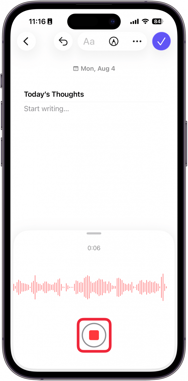a screenshot of a new entry in the journal app displaying audio recording interface with a red box around the stop recording button