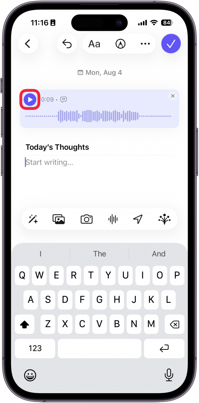 a screenshot of a new entry in the journal app displaying a recorded audio with a red box around the play button