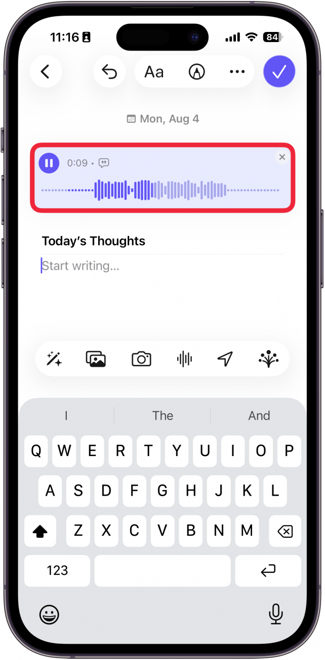 a screenshot of a new entry in the journal app with a red box around a recorded audio