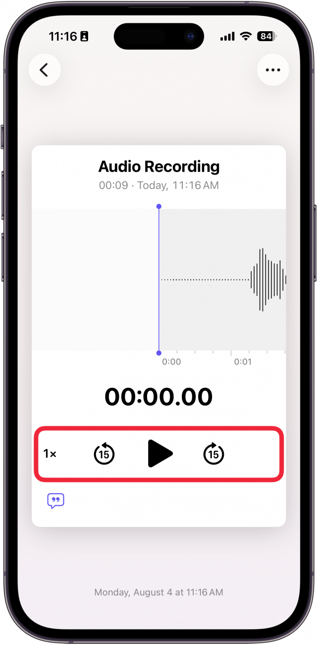 a screenshot of the iphone journal app displaying audio controls with a red box around the playback speed, pause/play, forward 15 seconds, and backward 15 seconds buttons