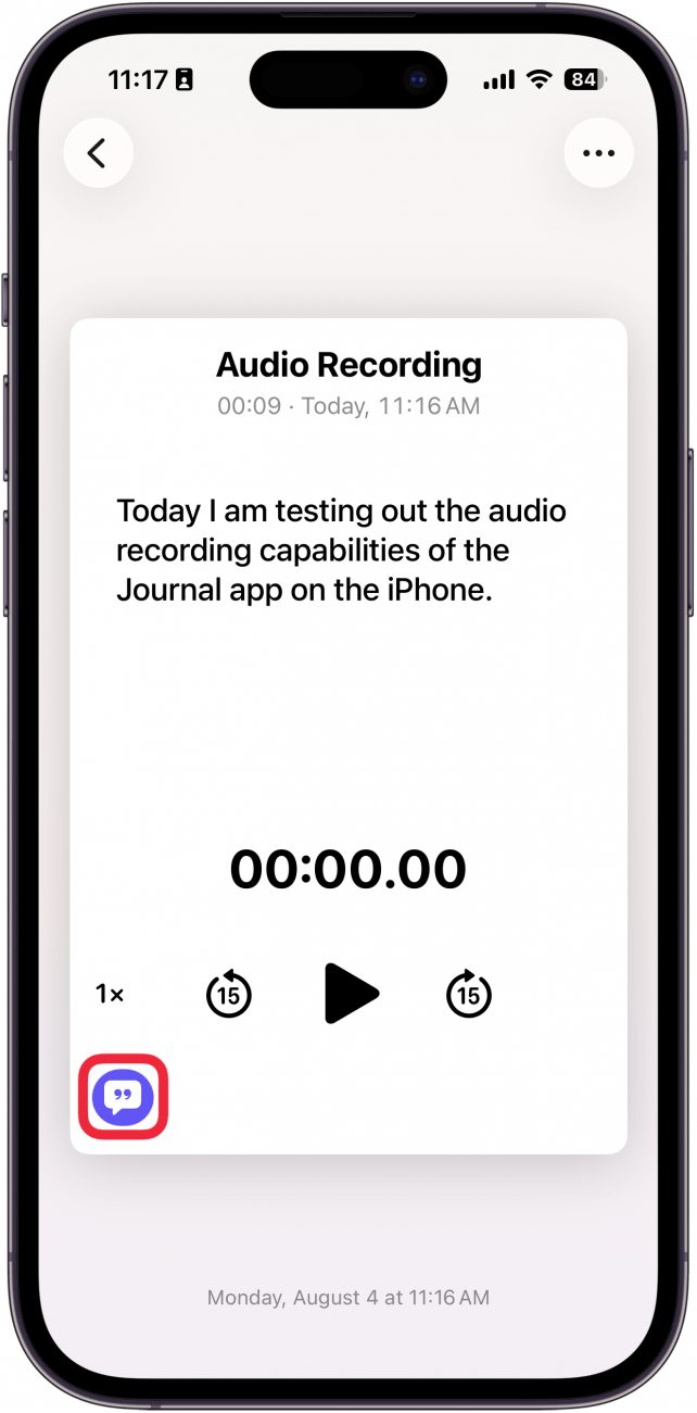 a screenshot of the iphone journal app displaying audio controls with a red box around the transcription button