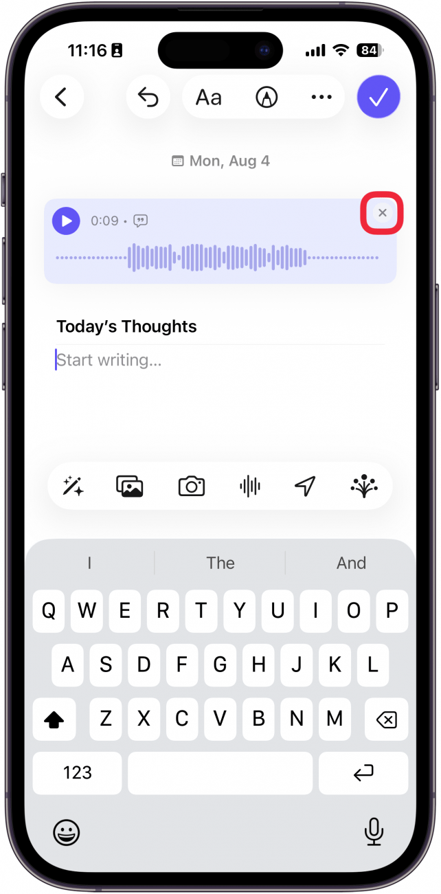 a screenshot of a new entry in the journal app displaying a recorded audio with a red box around the delete button