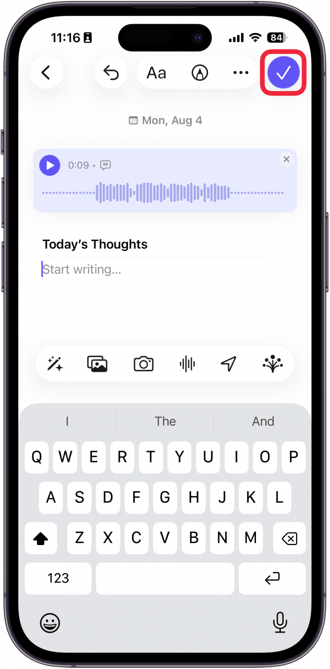 a screenshot of a new entry in the journal app displaying a recorded audio with a red box around the done button