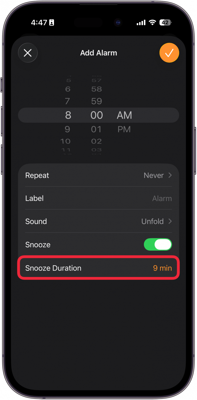 a screenshot of the iphone clock app's new alarm screen with a red box around the snooze duration option