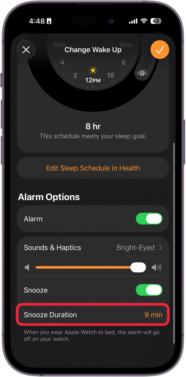 a screenshot of the iphone clock app displaying the wake up alarm settings with a red box around the snooze duration