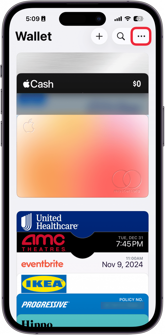 a screenshot of the apple wallet app with a red box around the three dot button in the upper right corner