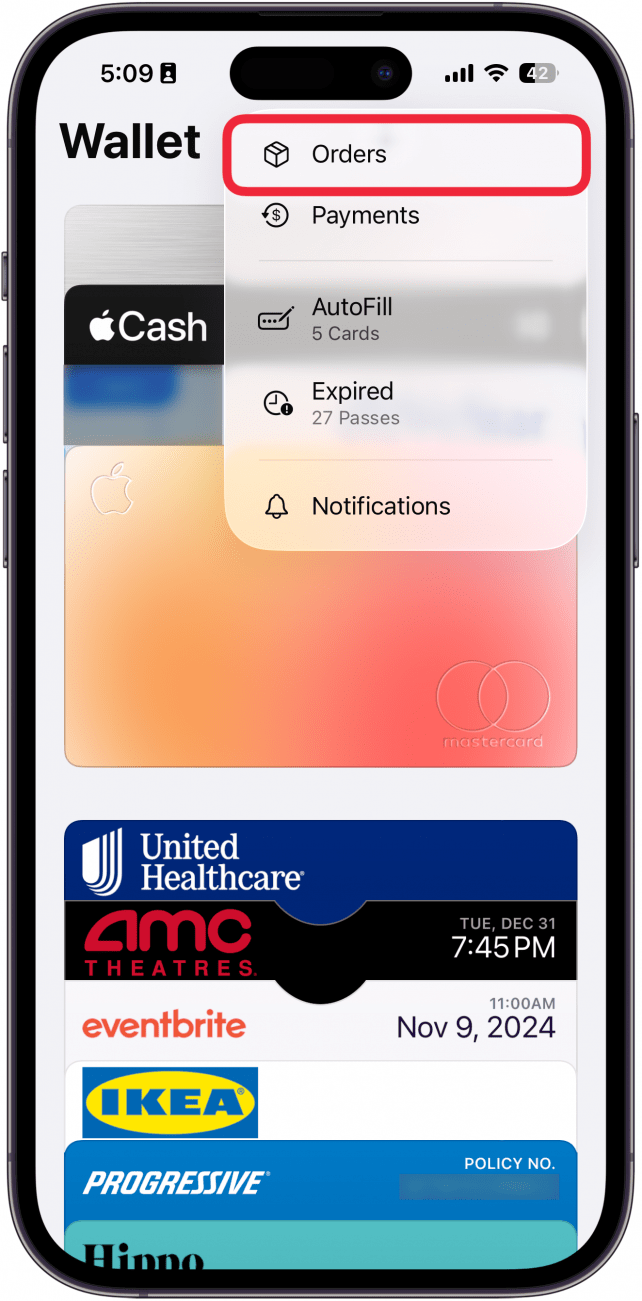 a screenshot of the apple wallet app displaying a menu in the upper right corner with a red box around orders
