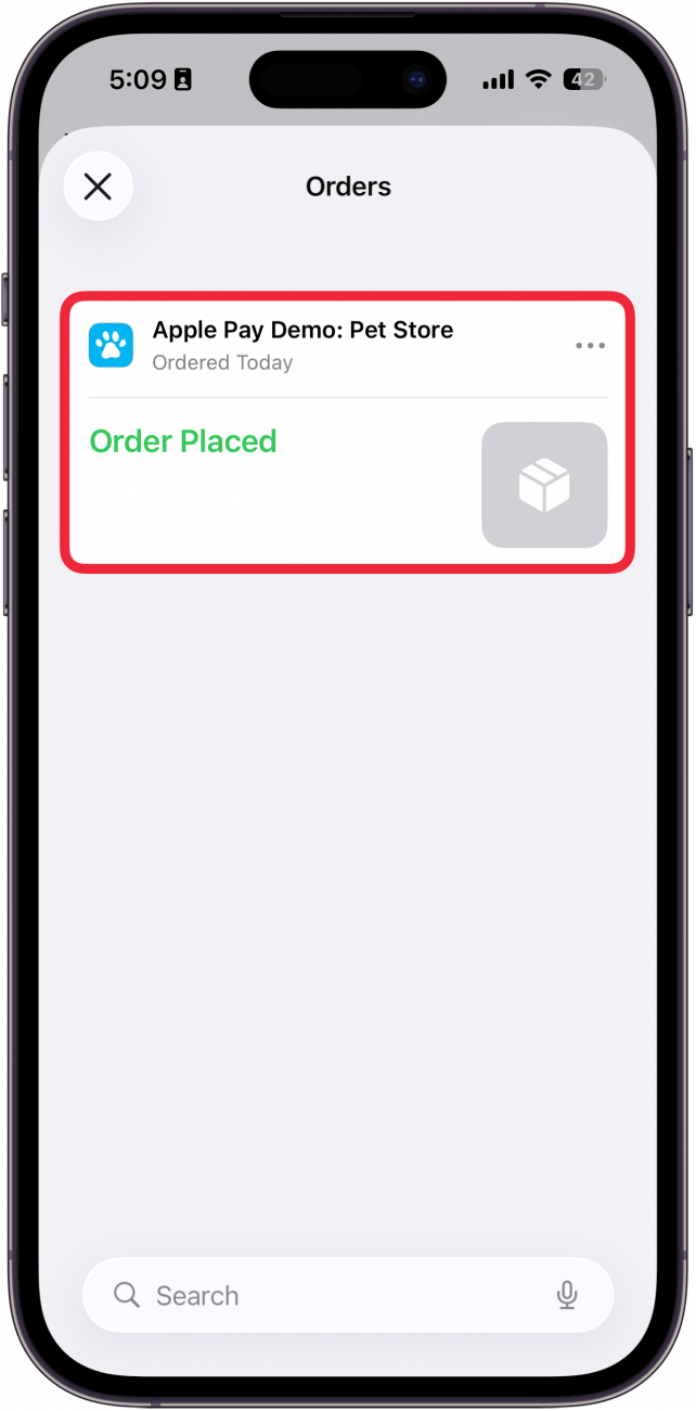 a screenshot the apple wallet app displaying a list of orders with a red box around an order