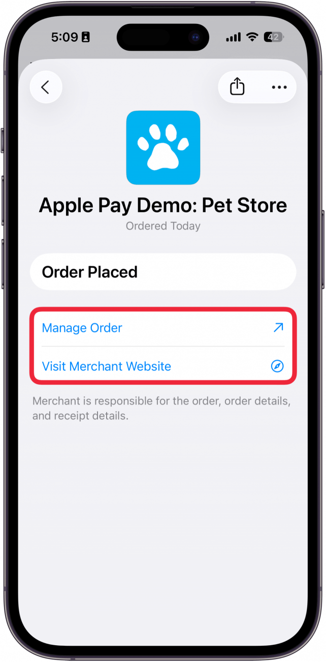 a screenshot the apple wallet app displaying order details with a red box around the manage order and visit merchant website button