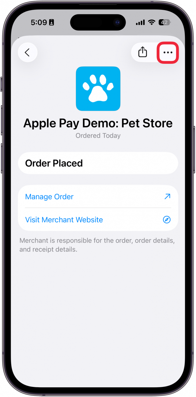 a screenshot the apple wallet app displaying order details with a red box around the the three dot button in the upper right
