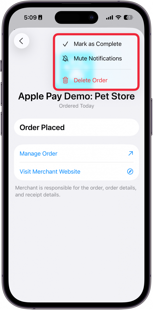 a screenshot the apple wallet app displaying order details with a red box around an open menu in the upper right with options for mark as complete, mute notifications, and delete order