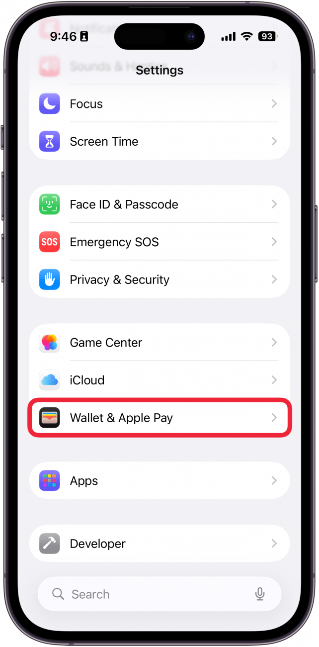 a screenshot of the settings app on the iphone with a red box around wallet & apple pay