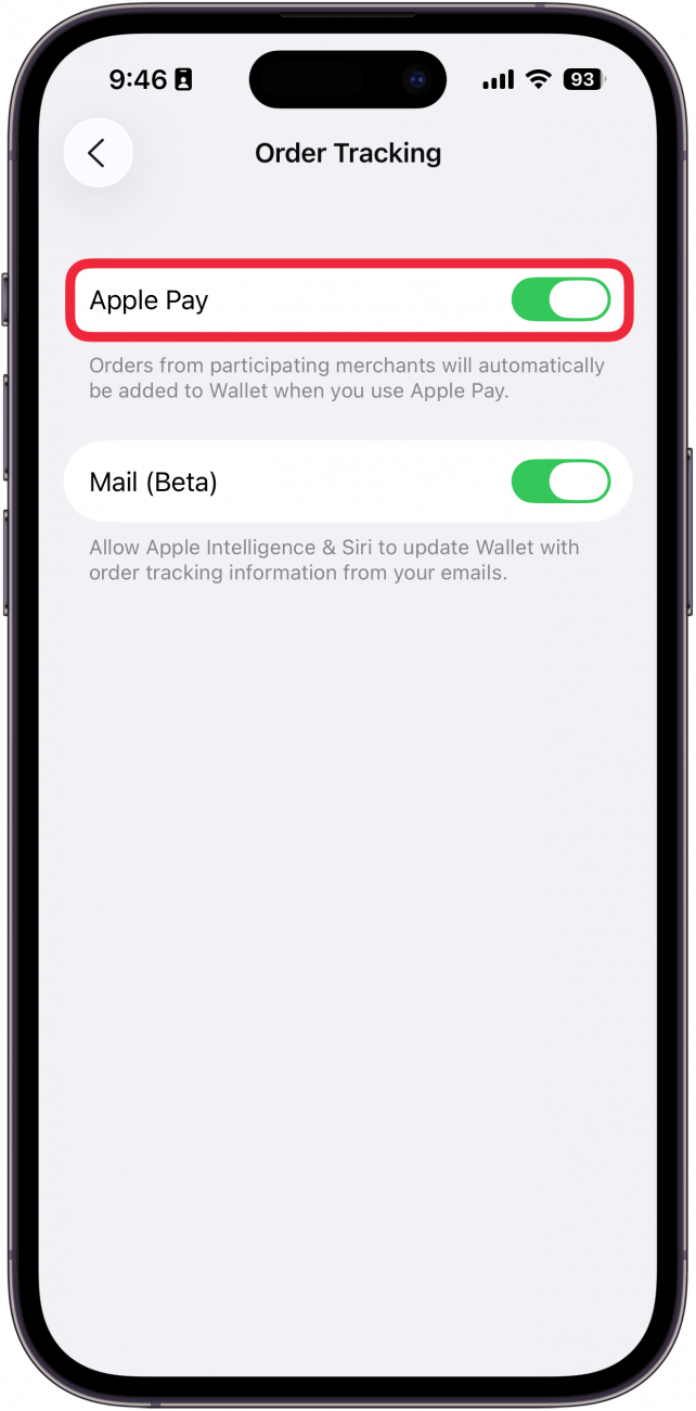 a screenshot of the wallet & apple pay order tracking settings on the iphone with a red box around the apple pay toggle