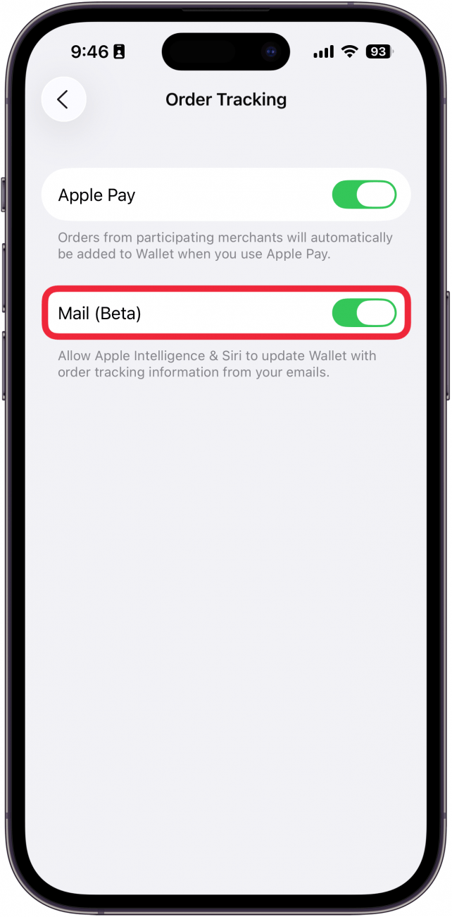 a screenshot of the wallet & apple pay order tracking settings on the iphone with a red box around the mail toggle