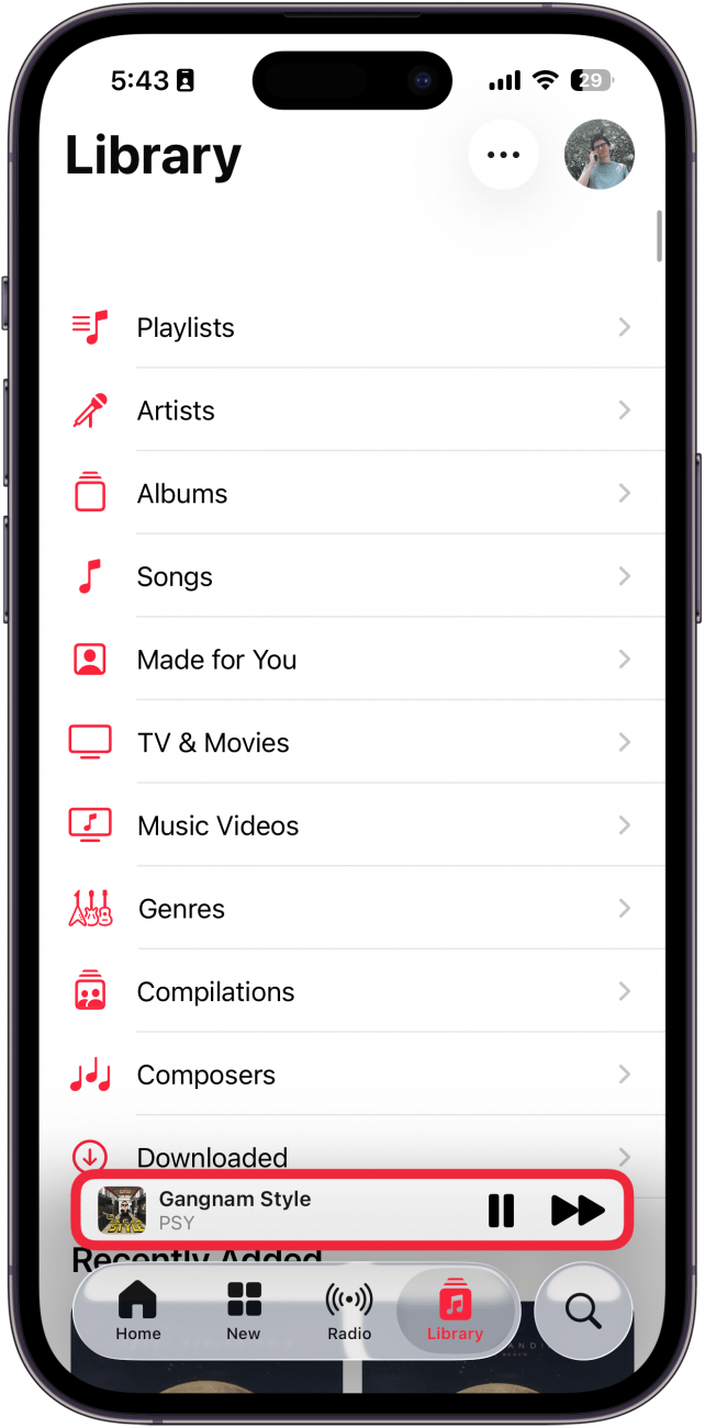 a screenshot of the iphone music app with a red box around the mini player at the bottom of the screen
